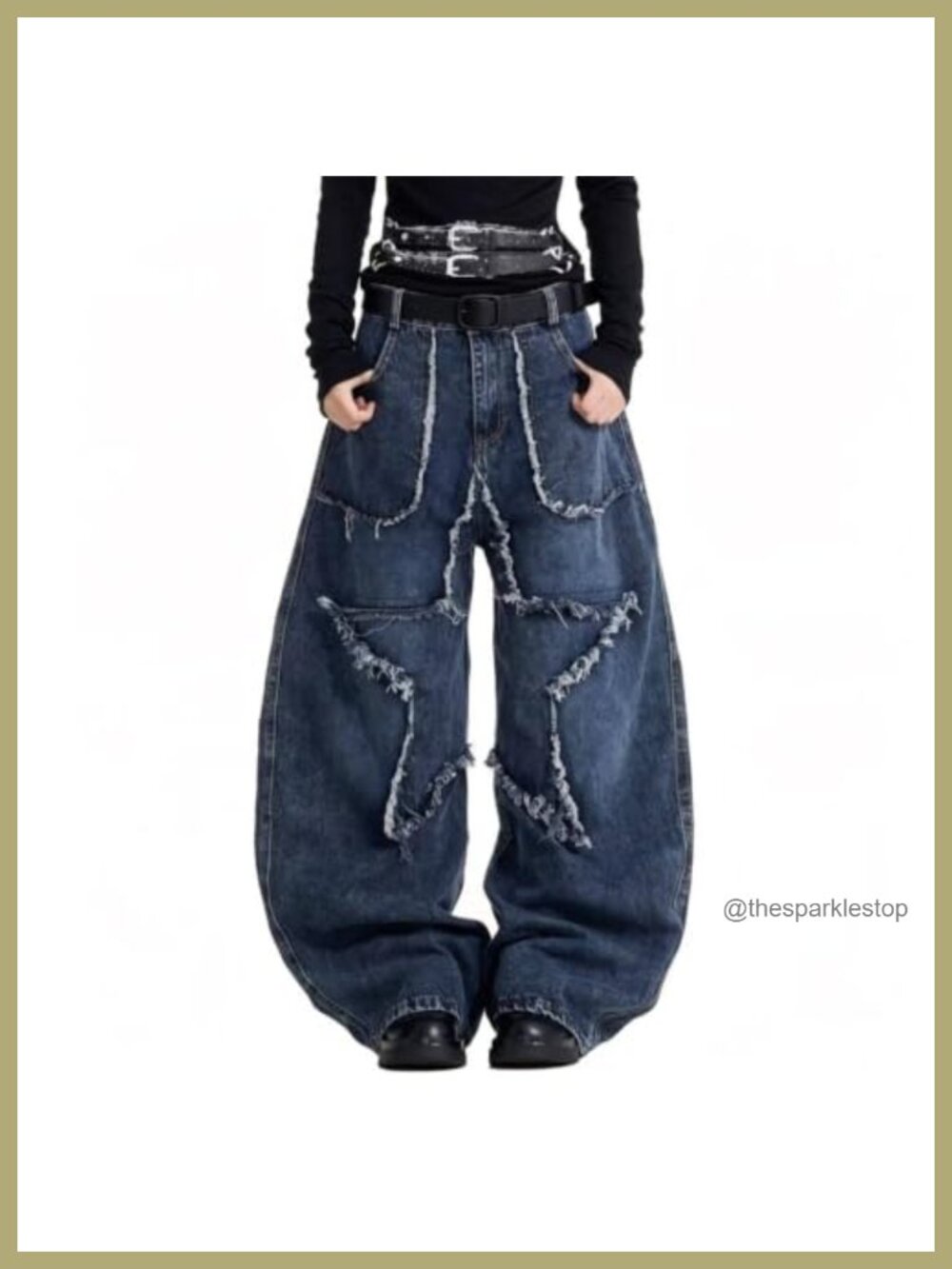 High Rise Barrel Wide Leg Jeans Y2K Star Patchwork Frayed Raw Edge Denim Pants
